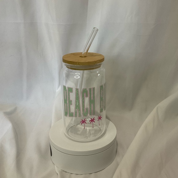 14 Ounce Handmade Glass Can Cup, Bamboo Lid & Straw, Beach Bum - Picture 3 of 4